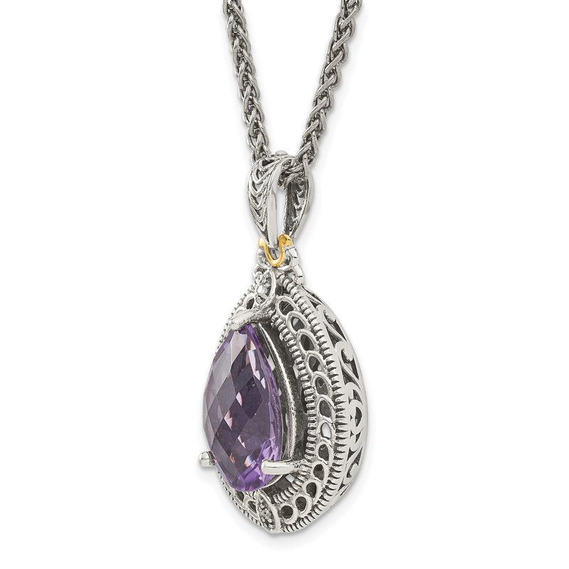 Sterling Silver with 14K Accent 18 Inch Antiqued Diamond and Pear Shaped Amethyst Necklace