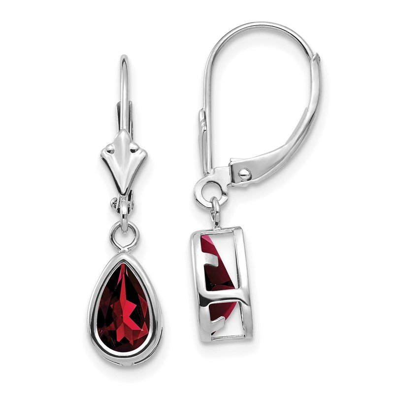 14k White Gold 8x5mm Pear Garnet Bezel Leverback Dangle Earrings