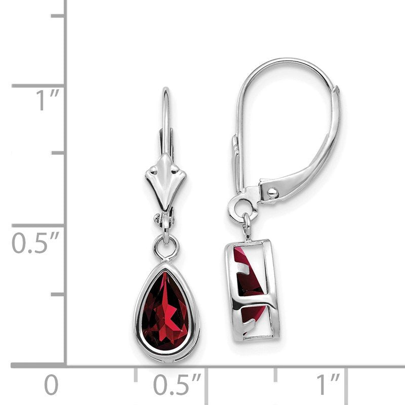14k White Gold 8x5mm Pear Garnet Bezel Leverback Dangle Earrings