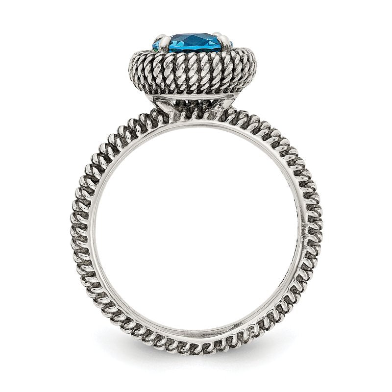Sterling Silver with 14K Accent Antiqued Round Blue Topaz Ring