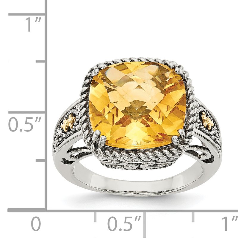 Sterling Silver with 14K Accent Antiqued Cushion Citrine Ring