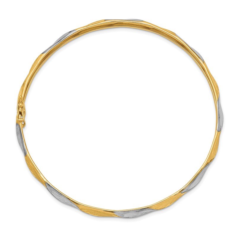 14k with White Rhodium Polished and Satin Diamond-cut 5.00mm Flexible Round Bangle Bracelet