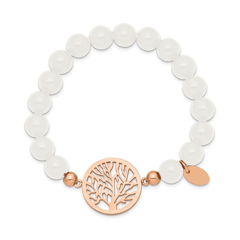 Stainless Steel Polished Rose IP-plated Tree of Life 8mm White Jade Beaded Stretch Bracelet