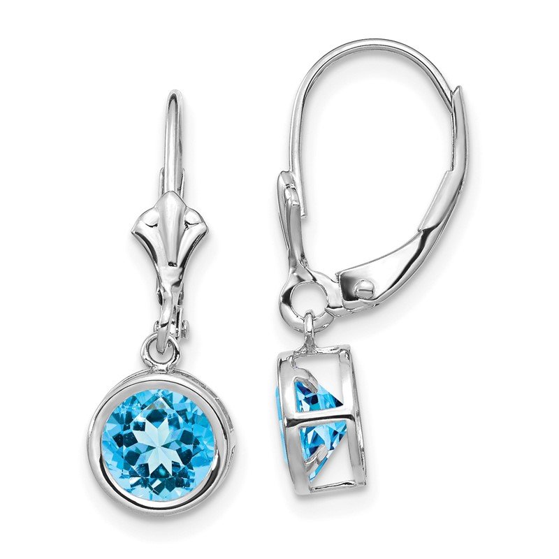 14k White Gold 6mm Round Blue Topaz Bezel Leverback Dangle Earrings