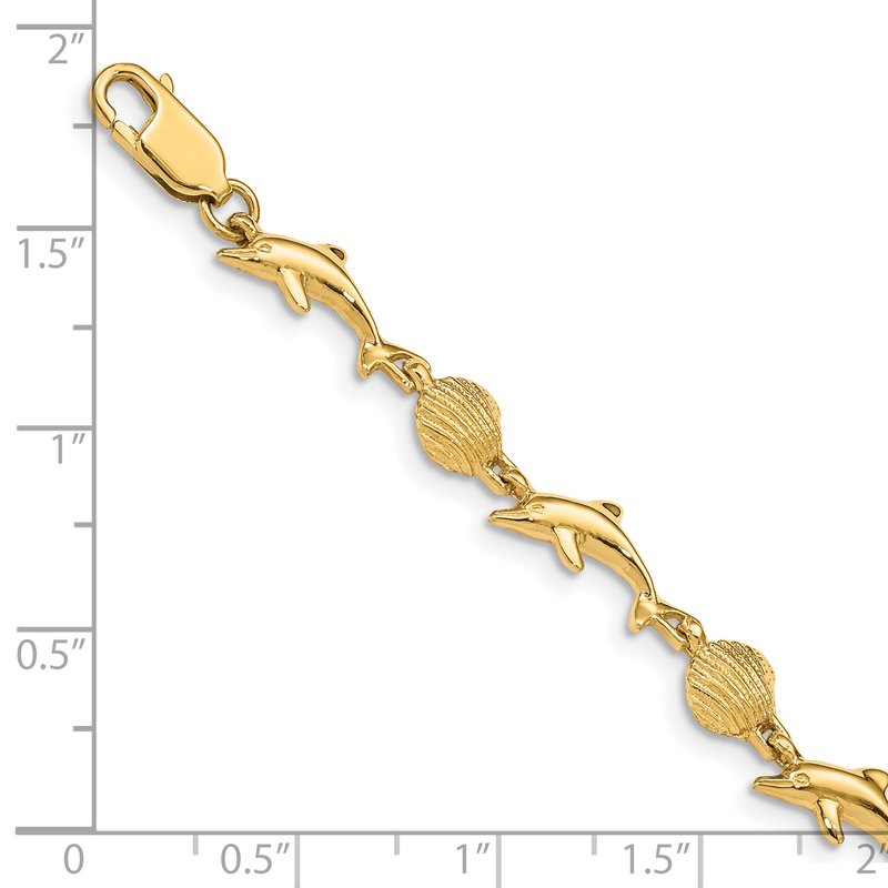 14K Polished Dolphin and Sea Shell 7 inch Bracelet