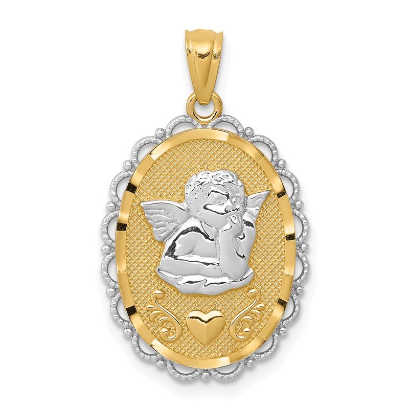 14k and White Rhodium Angel Scalloped Edge Oval Pendant